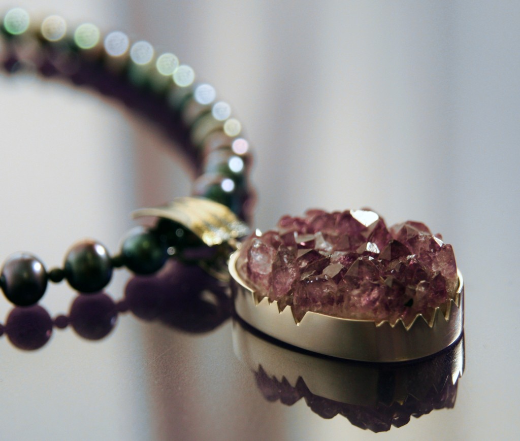 naturally grown amethyst crystals pendant on black freshwater pearl necklace